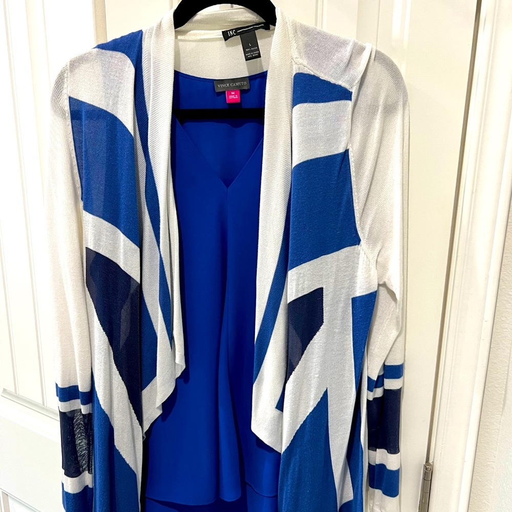 Vince Camuto sleeveless tank and matching INC drape front sweater